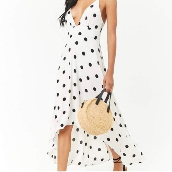 Forever 21 High Low Dress White with Black Polka Dot Size Medium - Picture 1 of 8